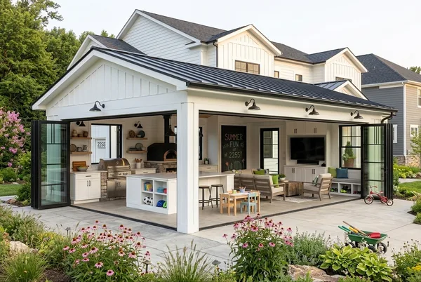 Outdoor living area of a modern farmhouse custom home