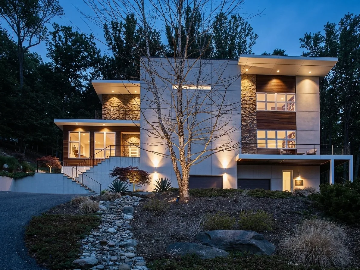 The Great Falls Contemporary exterior, Great Falls, VA. Design inspiration outside McLean; not the subject parcel.