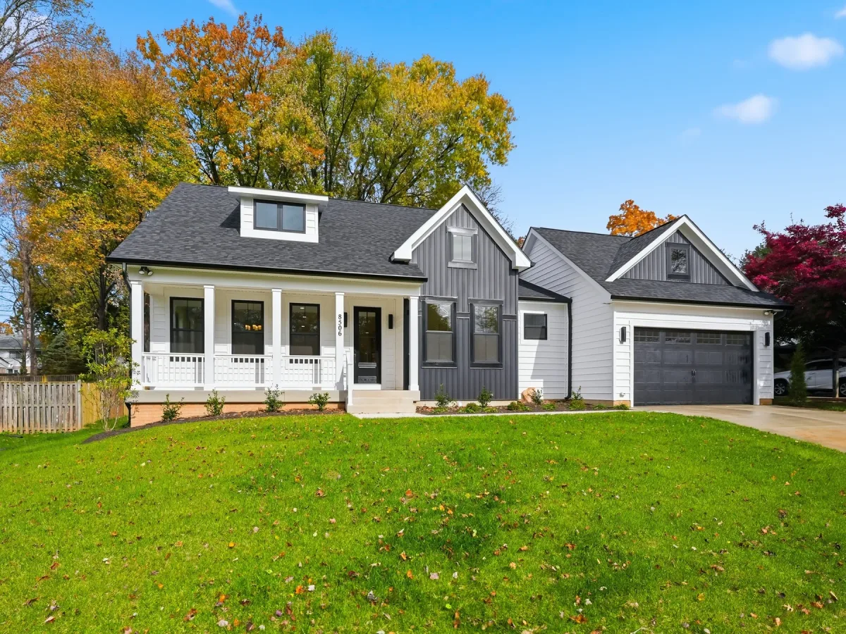 Angled exterior view of the Modern Farm House at 10913 Orchard Street