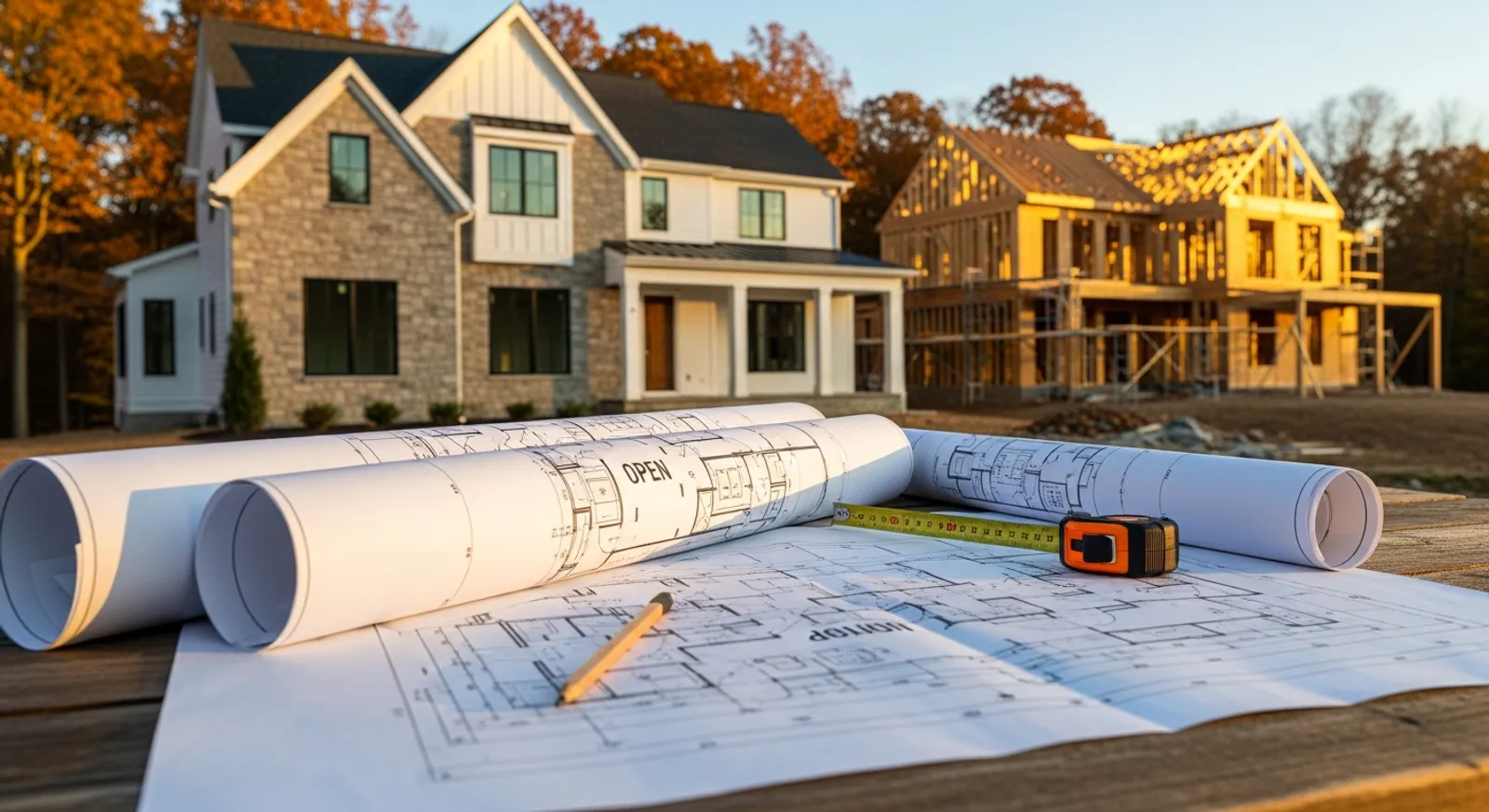 A luxury Trophy Custom Homes modern farmhouse under construction at golden hour with architectural blueprints in the foreground