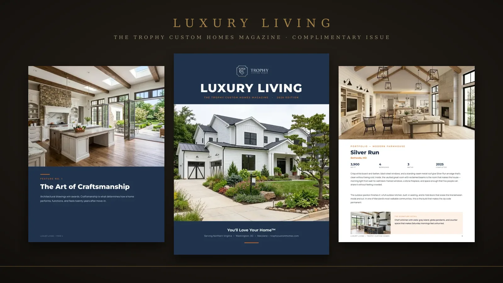 Luxury Living — The Trophy Custom Homes Magazine: cover and feature spreads from the complimentary 20-page issue