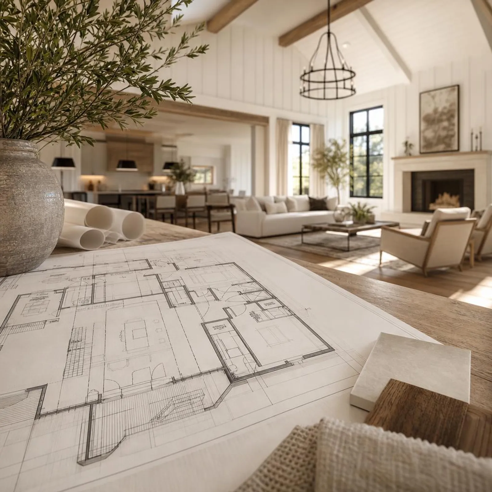 An architectural floor plan on a wood table transitioning into a bright luxury modern farmhouse great room — Trophy Custom Homes' process from vision to virtual walkthrough