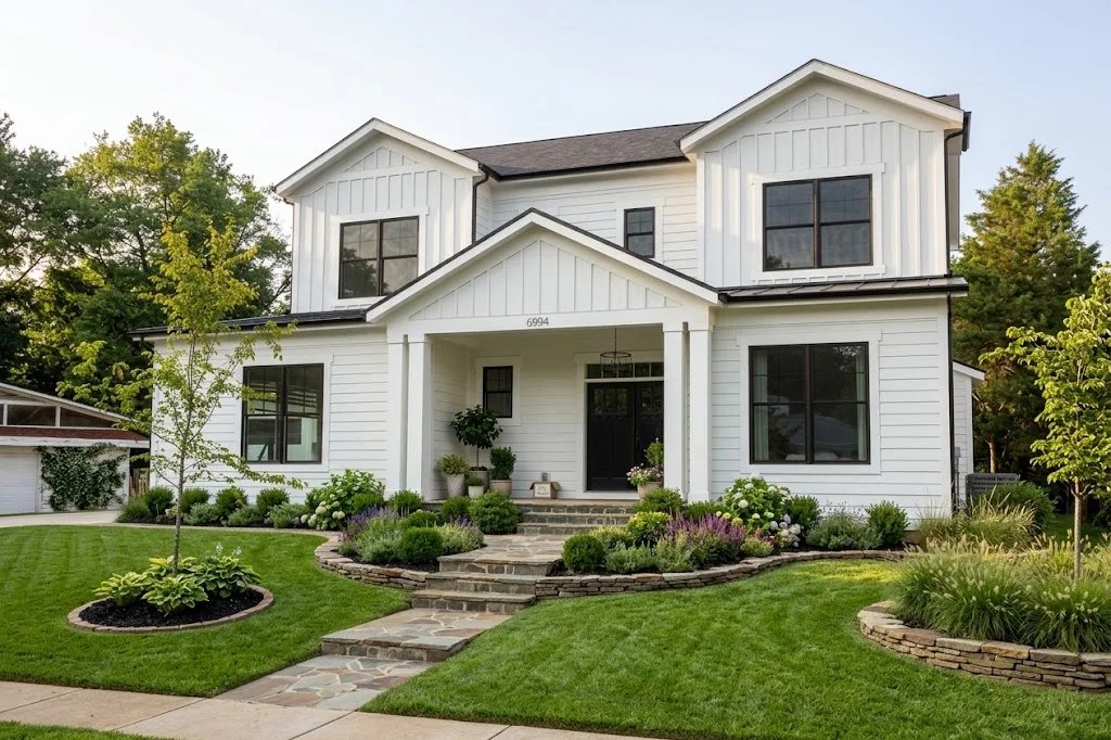 Architectural rendering of the Modern Farm House at 10913 Orchard Street, Fairfax City, VA — a white board-and-batten Trophy custom home with black Andersen windows, covered front porch with stone-step entry, and 2-car garage